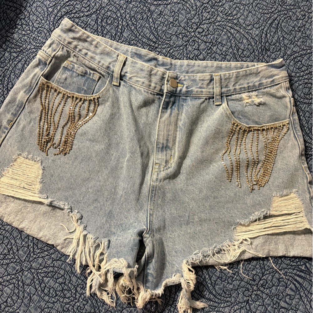 Cider Light Blue Denim Shorts with Fringe